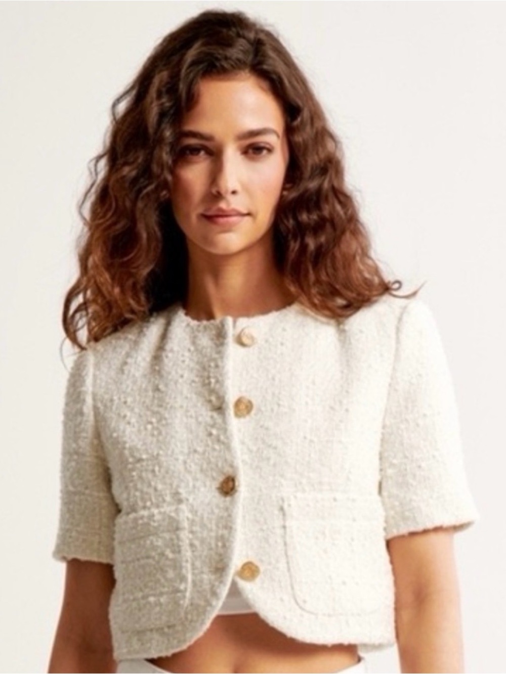 Abercrombie & Fitch Cream Bouclé Short-Sleeve Blazer